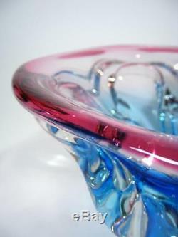 Vintage Italian Murano Blue And Cranberry Cased Art Glass Bowl