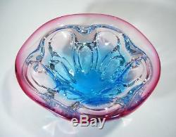 Vintage Italian Murano Blue And Cranberry Cased Art Glass Bowl