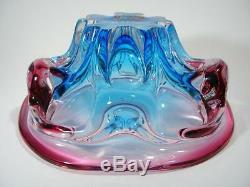 Vintage Italian Murano Blue And Cranberry Cased Art Glass Bowl