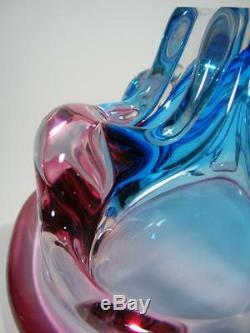 Vintage Italian Murano Blue And Cranberry Cased Art Glass Bowl