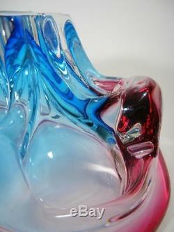 Vintage Italian Murano Blue And Cranberry Cased Art Glass Bowl