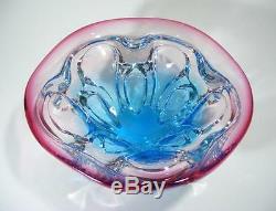 Vintage Italian Murano Blue And Cranberry Cased Art Glass Bowl