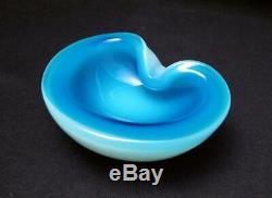 Vintage Italian Murano Blue Opalescent Alabastro Cased Glass Geode Bowl Seguso