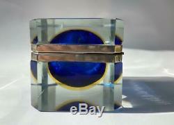 Vintage Italian Murano Blue Yellow Sommerso Art Glass Dresser Casket Jewelry Box