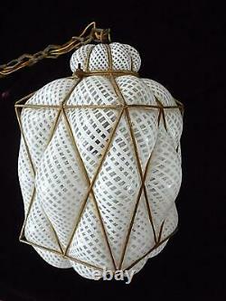 Vintage Italian Murano Caged Glass Hanging Pendant Lamp White Latticino 15