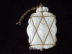 Vintage Italian Murano Caged Glass Hanging Pendant Lamp White Latticino 15