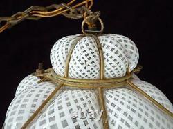 Vintage Italian Murano Caged Glass Hanging Pendant Lamp White Latticino 15