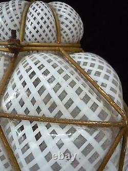 Vintage Italian Murano Caged Glass Hanging Pendant Lamp White Latticino 15