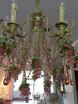 Vintage Italian Murano Chandelier with Pink Grapes And Glass Beads