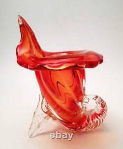 Vintage Italian Murano Glass Cornucopia Vase Vibrant Orange MID Century Modern