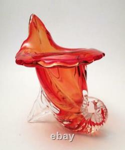 Vintage Italian Murano Glass Cornucopia Vase Vibrant Orange MID Century Modern