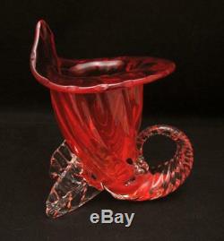 Vintage Italian Murano Glass Cornucopia Vase Vibrant Red MID Century
