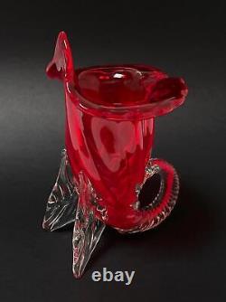 Vintage Italian Murano Glass Cornucopia Vase Vibrant Red MID Century Modern MCM