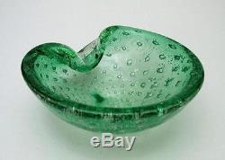 Vintage Italian Murano Green Bullicante & Silver Aventurine Art Glass Geode Bowl