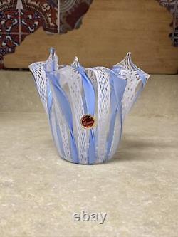 Vintage Italian Murano Latticino Blue White Clear Art Glass Handkerchief Vase