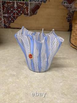 Vintage Italian Murano Latticino Blue White Clear Art Glass Handkerchief Vase