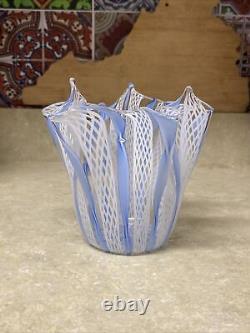 Vintage Italian Murano Latticino Blue White Clear Art Glass Handkerchief Vase