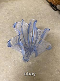 Vintage Italian Murano Latticino Blue White Clear Art Glass Handkerchief Vase