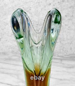 Vintage Italian Murano Sommerso Art Glass Green & Butterscotch Vase