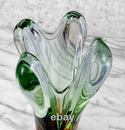 Vintage Italian Murano Sommerso Art Glass Green & Butterscotch Vase