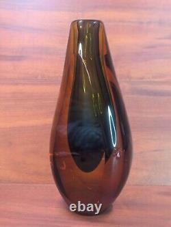 Vintage Italian Murano Sommerso Glass Vase Amber With Blue Center 11 MCM