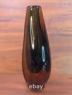 Vintage Italian Murano Sommerso Glass Vase Amber With Blue Center 11 MCM