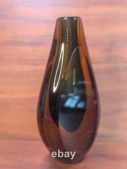 Vintage Italian Murano Sommerso Glass Vase Amber With Blue Center 11 MCM