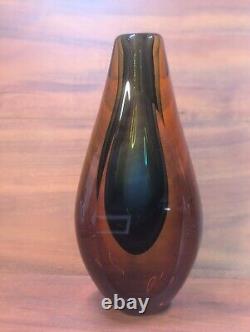 Vintage Italian Murano Sommerso Glass Vase Amber With Blue Center 11 MCM