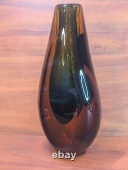 Vintage Italian Murano Sommerso Glass Vase Amber With Blue Center 11 MCM