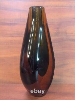 Vintage Italian Murano Sommerso Glass Vase Amber With Blue Center 11 MCM