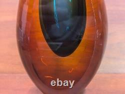 Vintage Italian Murano Sommerso Glass Vase Amber With Blue Center 11 MCM