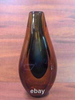 Vintage Italian Murano Sommerso Glass Vase Amber With Blue Center 11 MCM