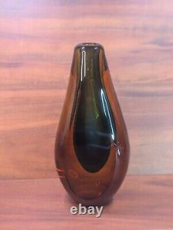 Vintage Italian Murano Sommerso Glass Vase Amber With Blue Center 11 MCM