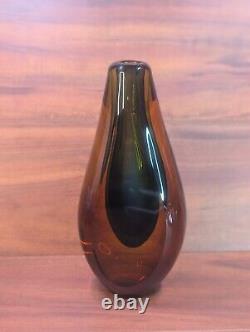 Vintage Italian Murano Sommerso Glass Vase Amber With Blue Center 11 MCM