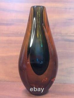 Vintage Italian Murano Sommerso Glass Vase Amber With Blue Center 11 MCM