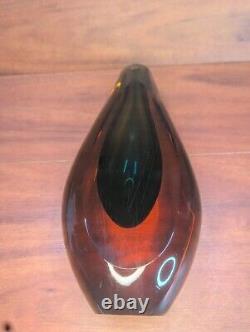 Vintage Italian Murano Sommerso Glass Vase Amber With Blue Center 11 MCM