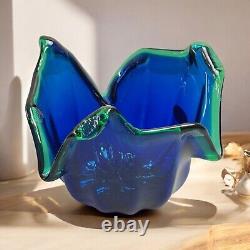 Vintage Italian Murano Style Art Glass Bowl, Cobalt Blue, Green Crest Edge 8 H