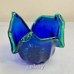 Vintage Italian Murano Style Art Glass Bowl, Cobalt Blue, Green Crest Edge 8 H