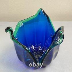 Vintage Italian Murano Style Art Glass Bowl, Cobalt Blue, Green Crest Edge 8 H