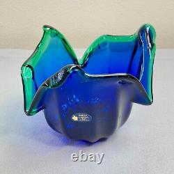 Vintage Italian Murano Style Art Glass Bowl, Cobalt Blue, Green Crest Edge 8 H