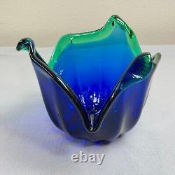 Vintage Italian Murano Style Art Glass Bowl, Cobalt Blue, Green Crest Edge 8 H