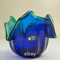 Vintage Italian Murano Style Art Glass Bowl, Cobalt Blue, Green Crest Edge 8 H