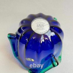 Vintage Italian Murano Style Art Glass Bowl, Cobalt Blue, Green Crest Edge 8 H