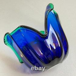 Vintage Italian Murano Style Art Glass Bowl, Cobalt Blue, Green Crest Edge 8 H