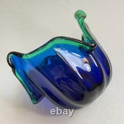 Vintage Italian Murano Style Art Glass Bowl, Cobalt Blue, Green Crest Edge 8 H