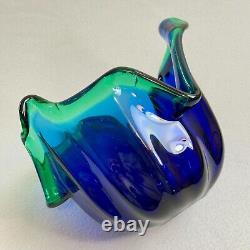 Vintage Italian Murano Style Art Glass Bowl, Cobalt Blue, Green Crest Edge 8 H