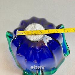 Vintage Italian Murano Style Art Glass Bowl, Cobalt Blue, Green Crest Edge 8 H