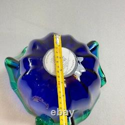 Vintage Italian Murano Style Art Glass Bowl, Cobalt Blue, Green Crest Edge 8 H