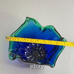 Vintage Italian Murano Style Art Glass Bowl, Cobalt Blue, Green Crest Edge 8 H