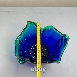 Vintage Italian Murano Style Art Glass Bowl, Cobalt Blue, Green Crest Edge 8 H